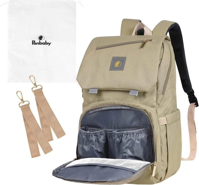 Ponbaby Diaper Bag Backpack Japan Import Multifunction Travel Backpack Nappy Changing Bag Large Capacity with USB Charging Port Premium Sand Beige Model